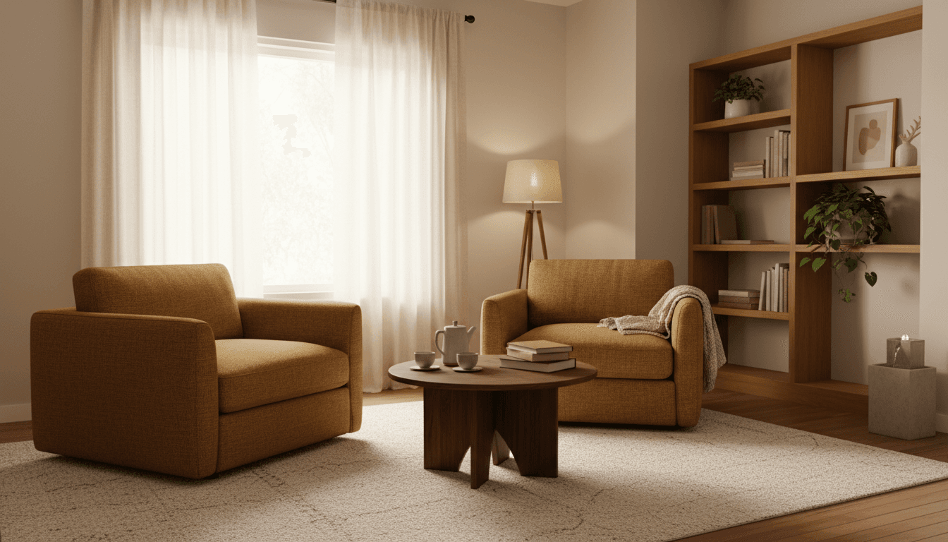 Calm therapy room with soft natural light and cozy armchairs