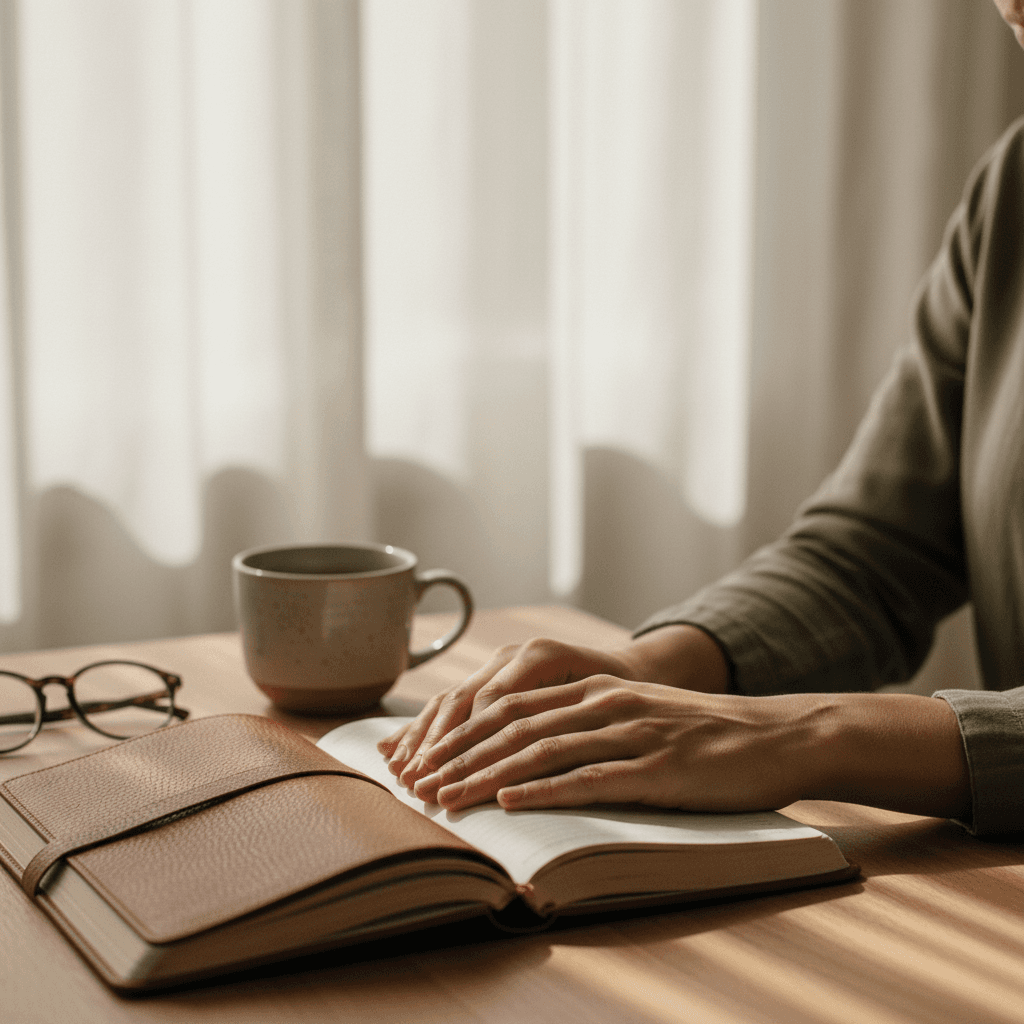 Therapist's hands holding a notebook in a calm counselling room in Kuala Lumpur