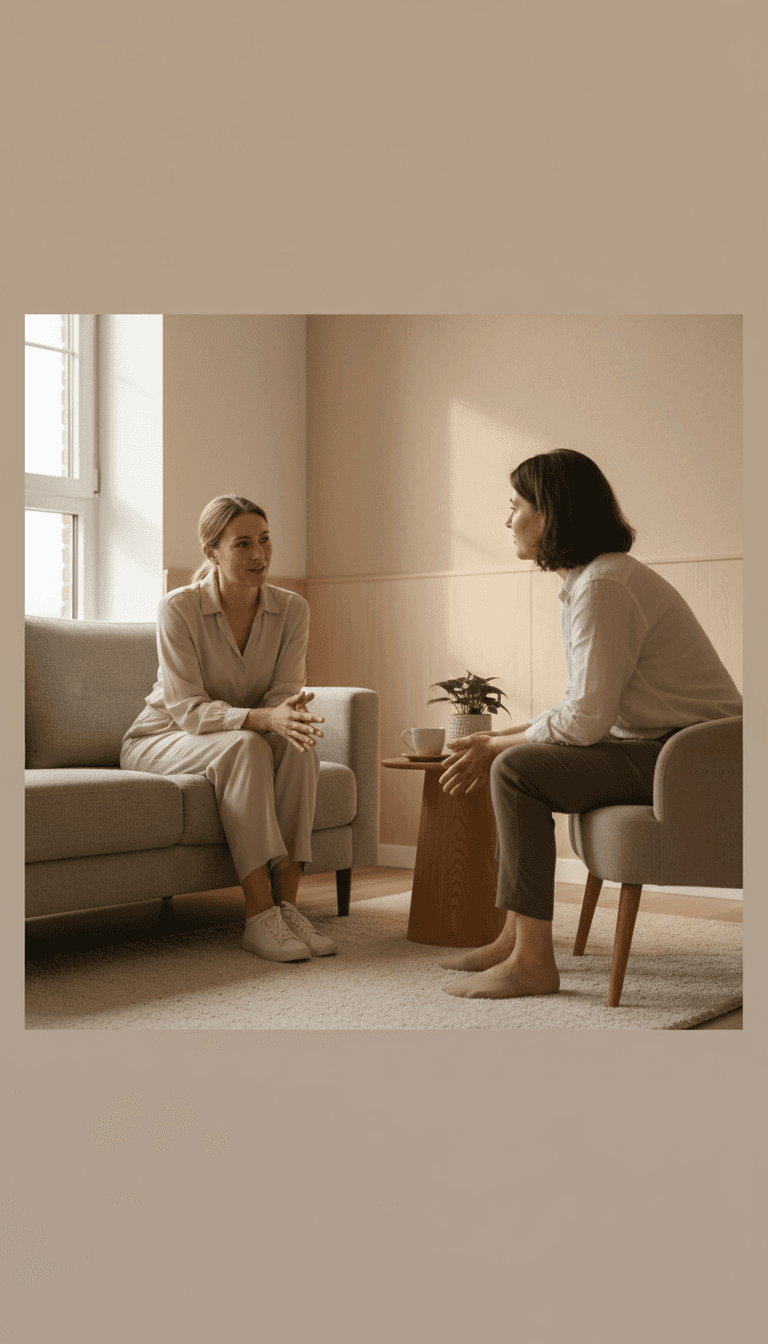 Two people having a calm therapy conversation in a warm, softly lit room in Kuala Lumpur