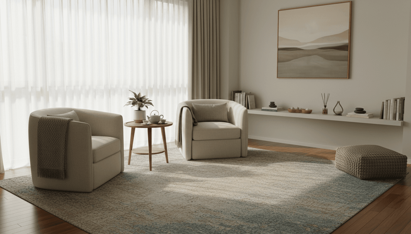 Warm and inviting therapy room interior with natural light and cozy armchair