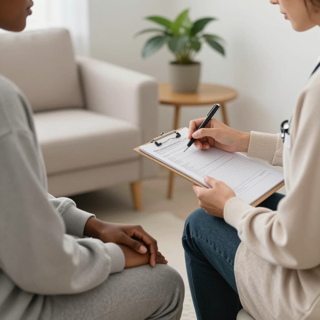 Healthcare professional taking notes on a clipboard during a consultation with a patient.
