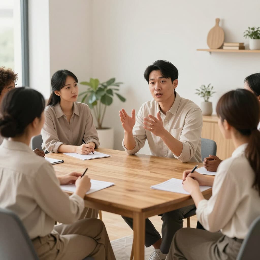 A man gestures while speaking to colleagues seated around a wooden table during a meeting.