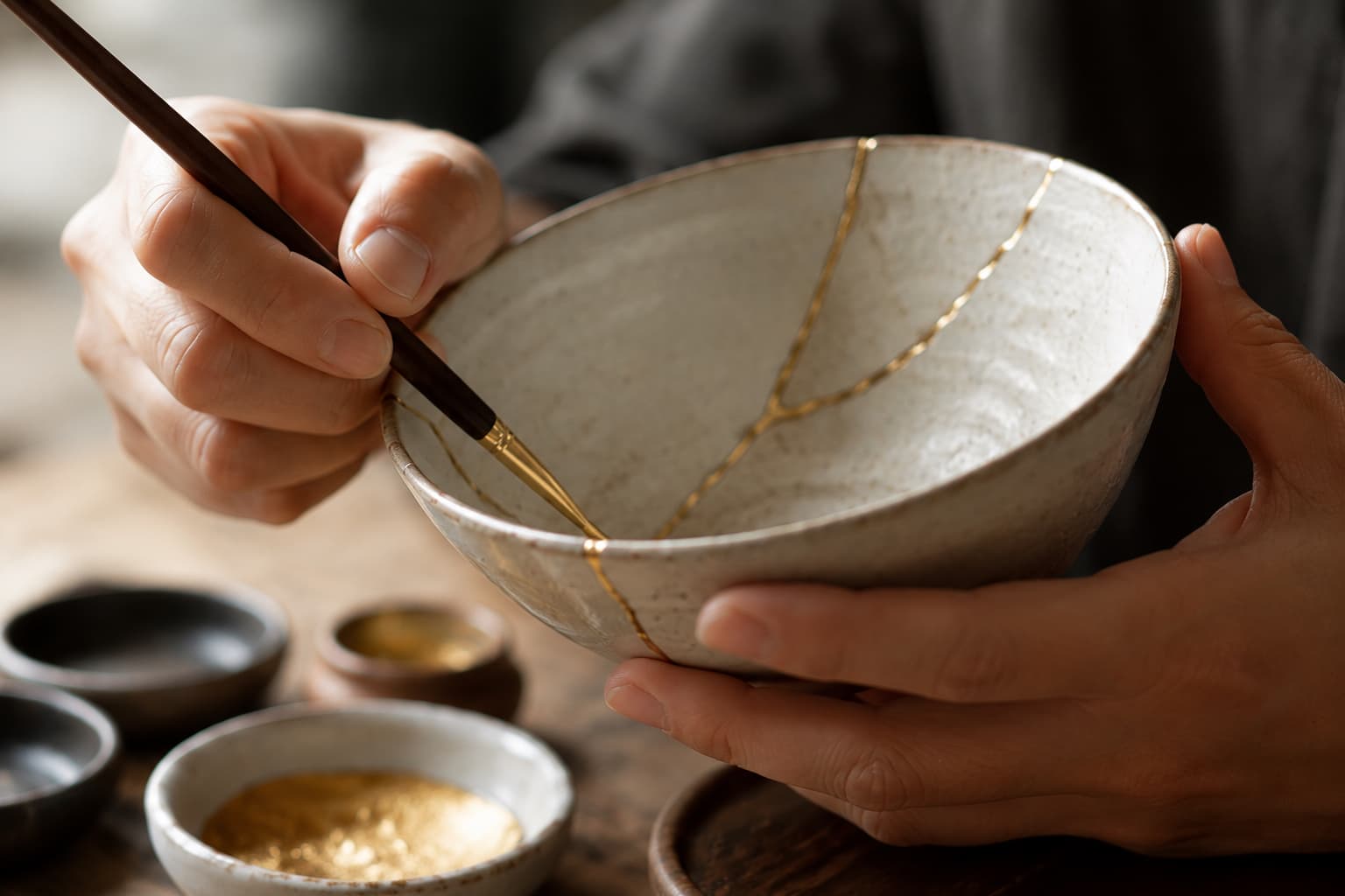 Hands applying gold lacquer to repair cracks in a ceramic bowl using the Kintsugi technique.