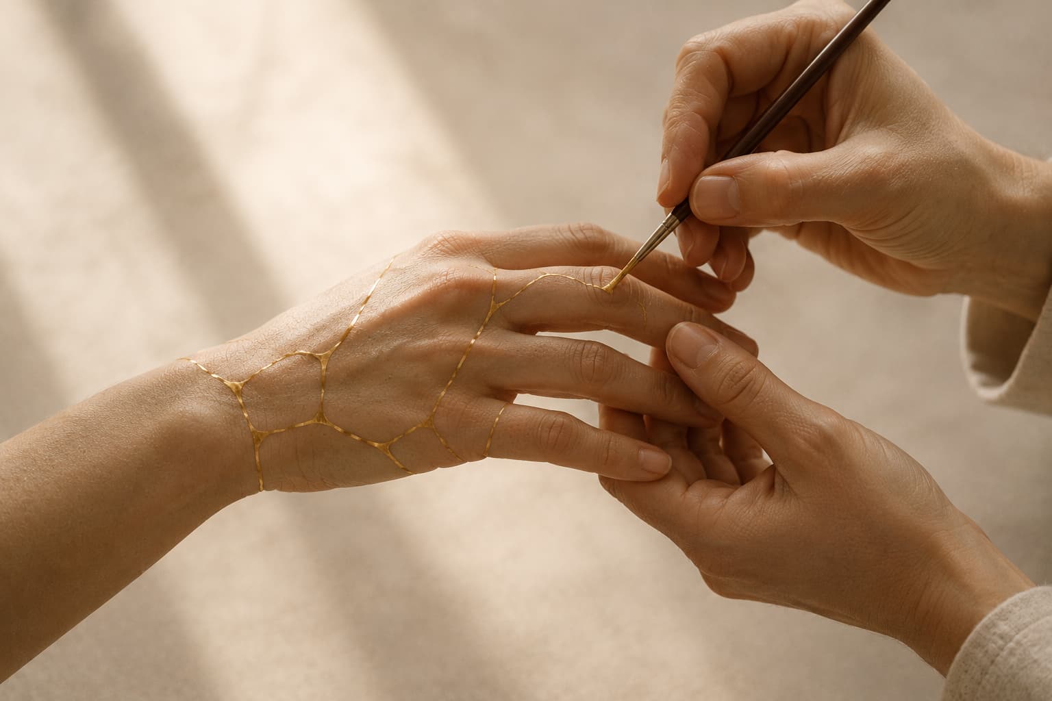 Intricate gold kintsugi-style lines are painted onto a hand with a fine detail brush.